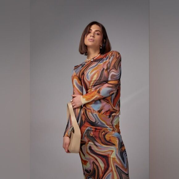 ZARA SET Printed tulle โSet Top And Skirt Organge Beige Brown Combiation - Picture 8 of 16